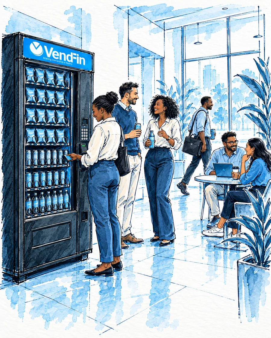 Ink and watercolour illustration of a busy office reception where staff chat and take a break around a VendFin vending machine