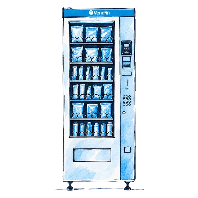 Illustration of the Compact Combination machine: a slim unit with a small window and a column of round buttons