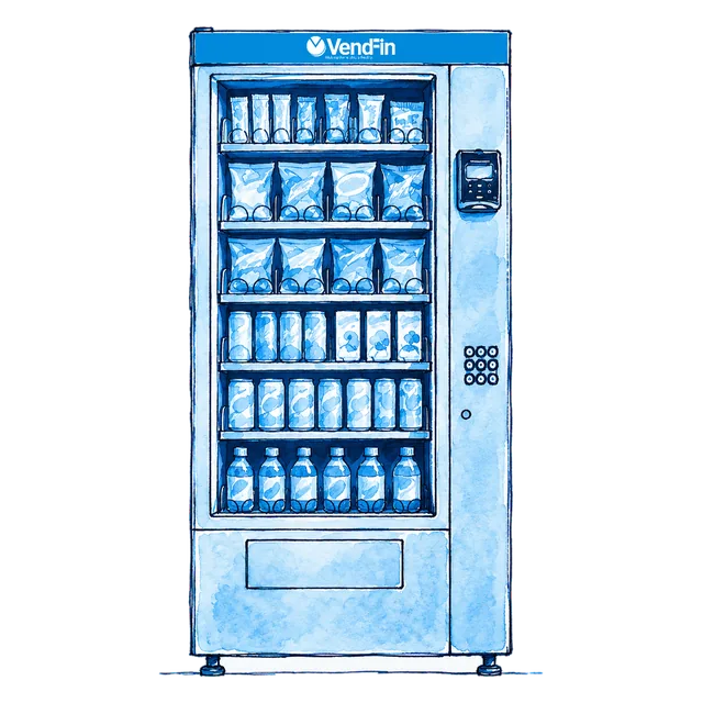 Illustration of the Full-Size Combination machine: a tall glass-front unit with a large window of snacks and drinks and a row of round buttons