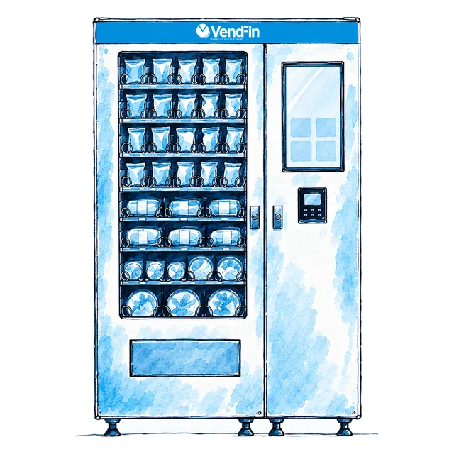 Illustration of the Touchscreen Combination machine: a full-size unit with a large touchscreen beside the glass front