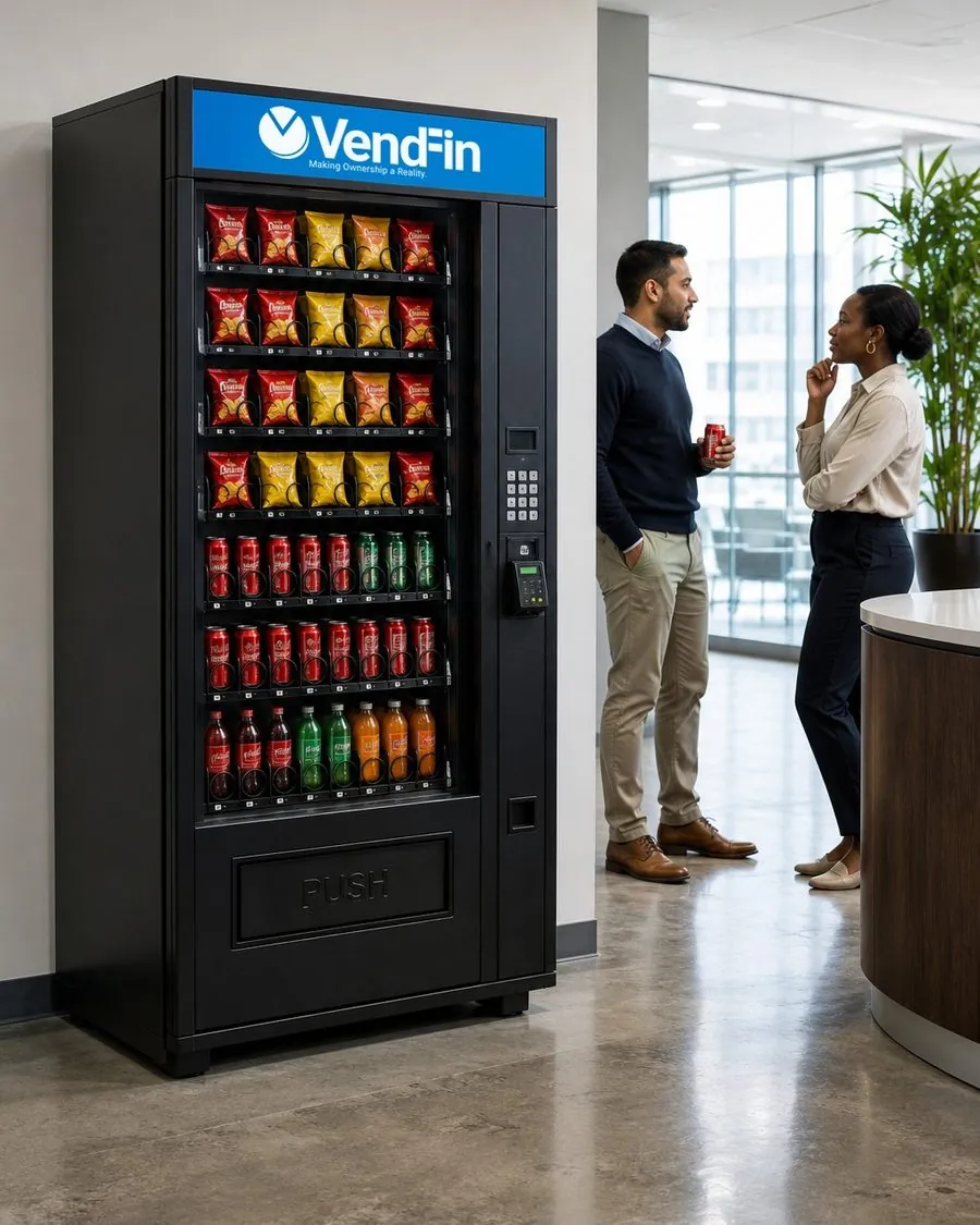 A VendFin branded vending machine in an office reception